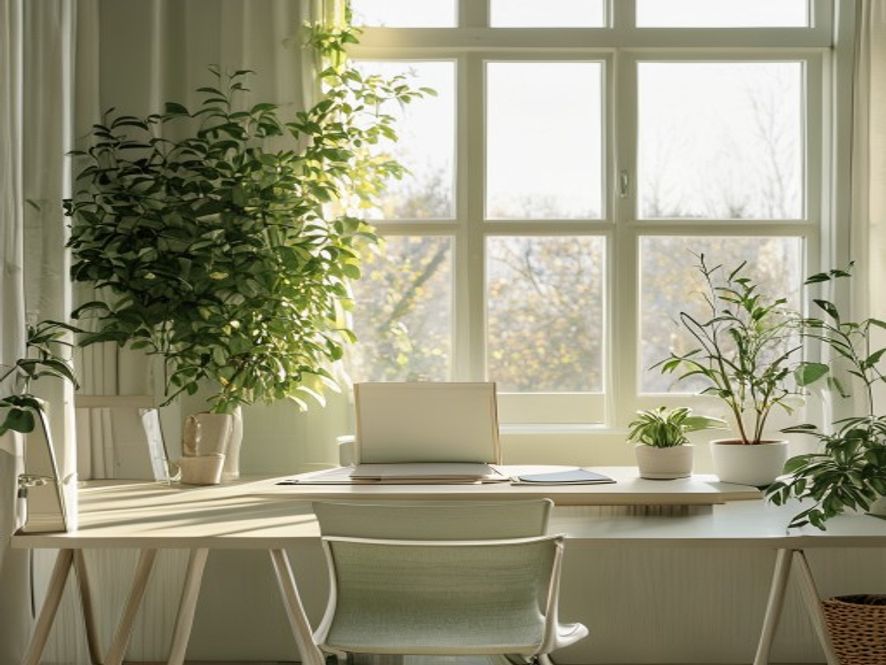 Ljust kontor med växter och fönster mot grönska